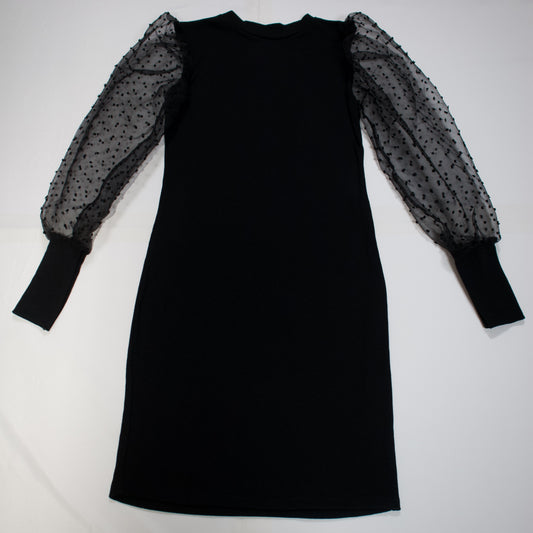 Women's Rib  Dress With Sheer Mesh Sleeve - Mylookmyway