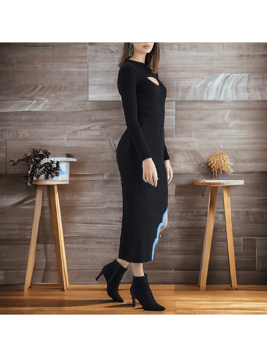 Cut Out Long sleeve Knitted Black Midi Dress - Mylookmyway