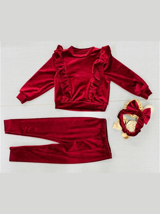 Girls Two Piece frilly Velvet  Set With Headband - Mylookmyway