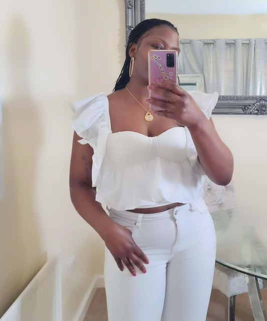 White Crop Top With Raffle Shoulder - Mylookmyway