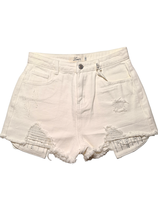 Denim Shorts With Rhinestone On The Pockets - Mylookmyway