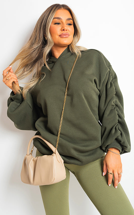 Fall Winter Oversized Ruched Sleeves Hoodie