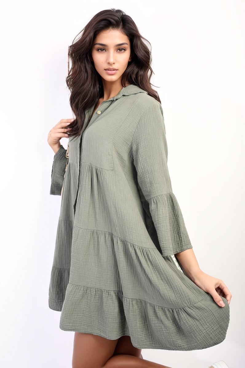 Button Front Tiered Smock Mini Dress