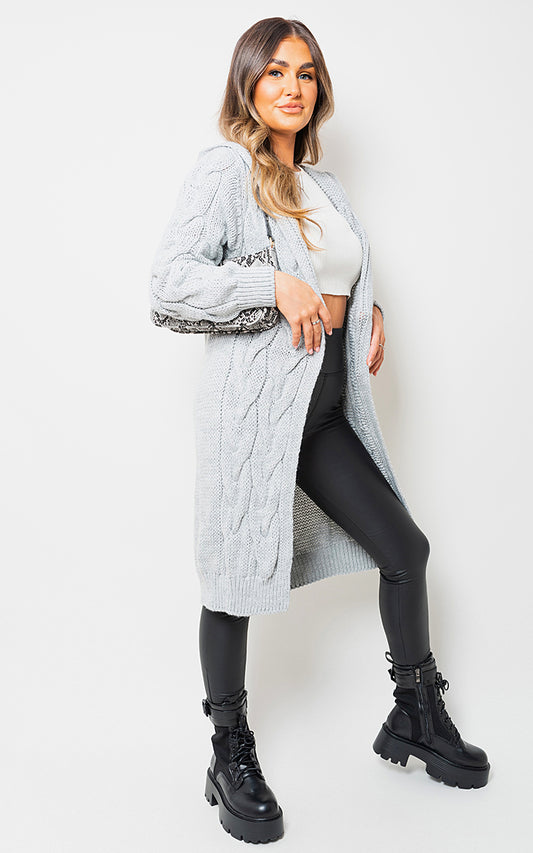 Chunky Cable Knitted Oversized Longline Hooded Cardigan